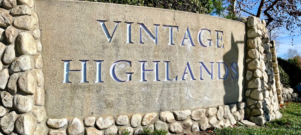 Stone wall carved with Vintage Highlands letterings | Homes For Sale in Vintage Highlands Rancho Cucamonga | featured image | Alvin Tapia