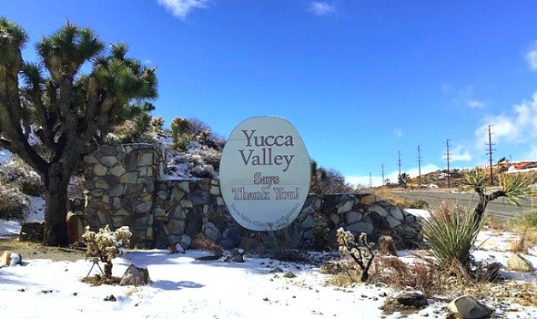Yucca Valley Thank You signage attached to a stone wall beside joshua tree | yucca valley real estate | Alvin Tapia