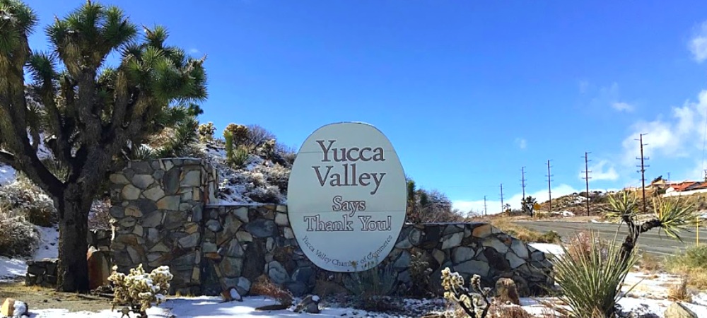 Yucca Valley Thank You signage attached to a stone wall beside joshua tree | Yucca Valley Homes For Sale | featured image | Alvin Tapia